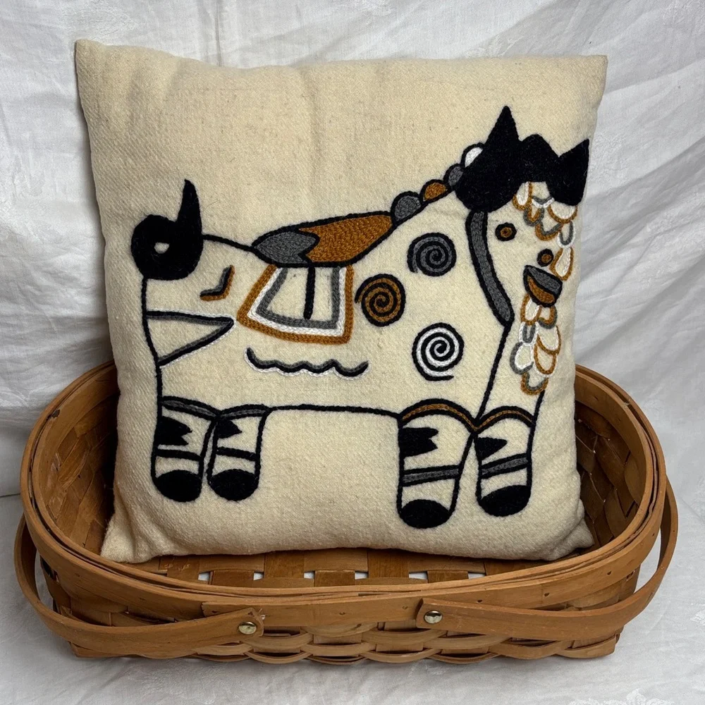Embroidered Wool Pillow with Zipper Back
